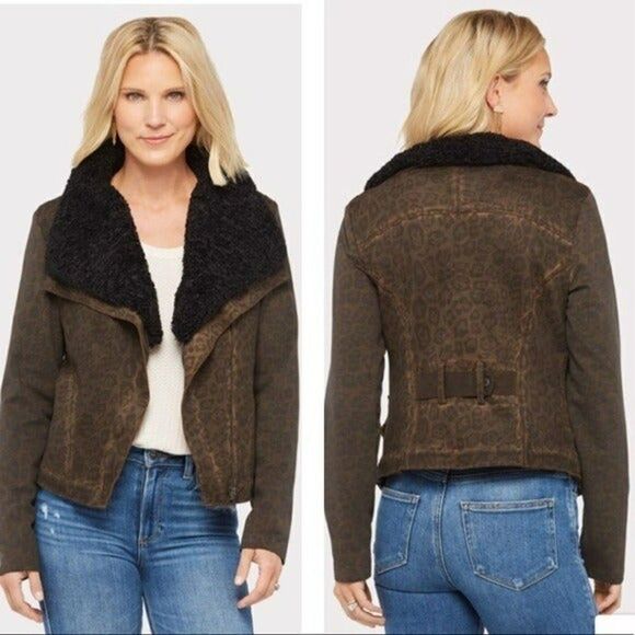 Anthropologie Marrakech Moto Jacket Size Large Animal Print Removable Sherpa - Picture 1 of 14